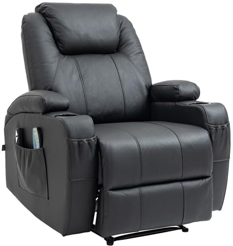 CLP Sessel Hepler Mit Massagefunktion I Verstellbare Rückenlehne Mit Fußstütze Und Getränkehalter I TV-Sessel Mit Wärmefunktion Und Remote, Farbe:schwarz, Material:Echtleder