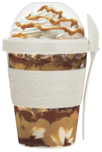 Reusable Yogurt Cups with Lid & Spoon 100% BPA Free Breakfast On the Go Cups with Topping Cereal 600ml Over Night Oats Container Smoothie Snack Jars (White)