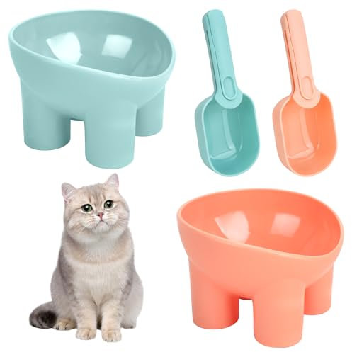 Mulaibdin 2 Pack Cat Bowls, Raised Cat Bowl Plastic, Cats Food Bowl Set with Pet Food Scoop, Cats Water Bowl Elevated, Cat Feeding Bowls Tilted 15°, Dog Feeding Station (Pink/Blue)