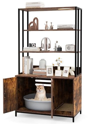 COSTWAY Cat Litter Box Enclosure, Hidden Cats Washroom Furniture with 3-tier Storage Shelves, Scratching Pad, Wooden Cat House Bookshelf (Rustic Brown)