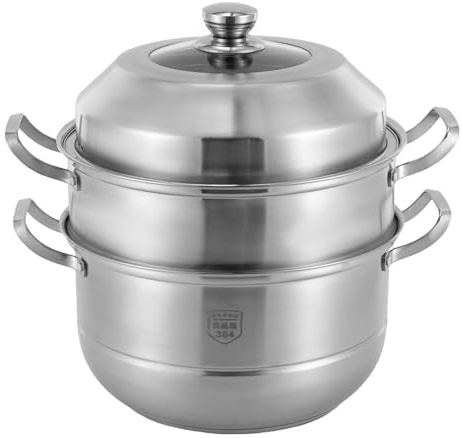 Dampfgarertopf zum Kochen, Dampftöpfe mit Deckel, Edelstahl-Dampftopf Mehrzweck-Kochgeschirr mit Griff für Gemüse, Knödel, Brühe, Sauce, Lebensmittel (Silber, 30cm)