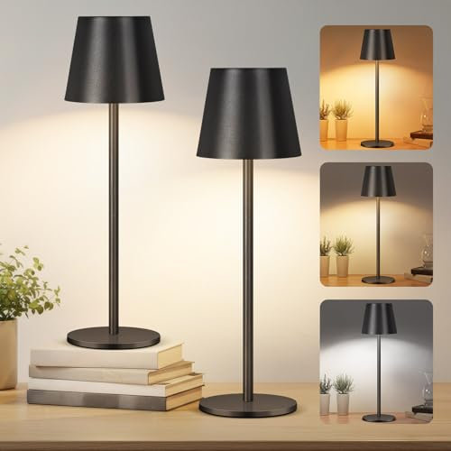 OUTON 2 Stück Kabellose LED Tischlampe Akku - Dimmbar Touch, 3 Farbtemperaturen (2700K-6500K), 5200mAh USB-C-Aufladbar, IP54 Wasserdicht, 30h Laufzeit - Ideal für Indoor/Outdoor & Geschenke, Schwarz