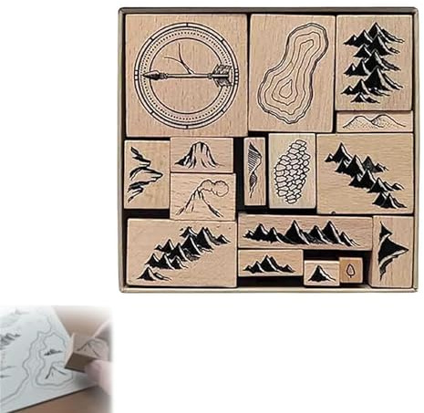 Handgefertigtes Stempel-Set zur Kartenherstellung, Stempel-Set, 16 Stück, Vintage-Holzstempel-Set, Gummistempel für Kartenherstellung, Berge, Flüsse, Wälder, Gebäude, Holzstempel (1)