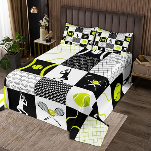 Homemissing Kinder Tennis Bettüberwurf Sports Spiel Tagesdecke 170x210cm für Jungen Mädchen Tennis Gaming Steppdecke Gelb Weiß Schwarz Plaid Wohndecke Dekor