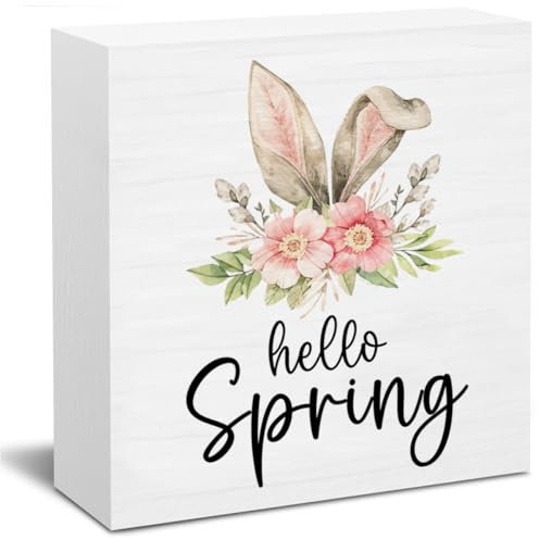 Frühlingsdekorationen, Hello Spring Osterhase Blumen-Holzblockschild, Frühlingsdekorationen für den Innenbereich, Frühling-Osterdekoration für Schreibtisch, Tischregal, 12,7 x 12,7 cm
