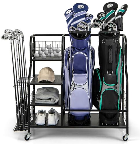 GYMAX Golf Storage Rack, Extra Large Golf Bag Stand Storage Rack with Lockable Universal Wheels and Removable Hooks, All-in-1 Golf Garage Organizer for Golf Clubs (110 x 41 x 97cm)