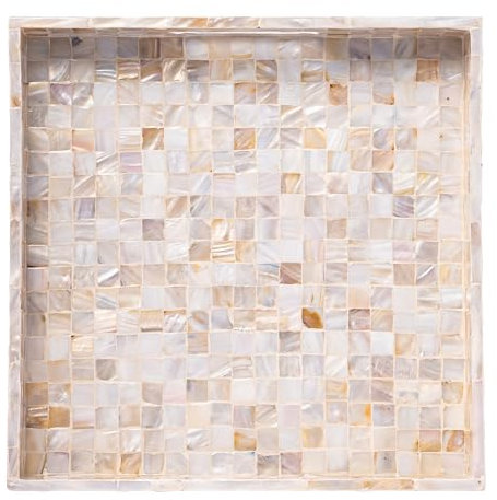 PEMAR 12.2 Square Serving Tray Mother of Pearl Nacre Wood Lap Ottoman Tray for Coffee Table, Luxury Decorative Handmade Eating Platters w Insert Handles (White Cream Squares Pattern)