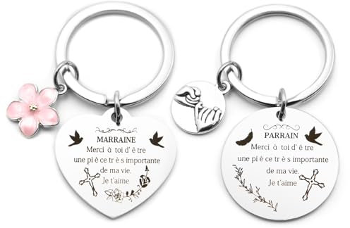fuakUip Porte-clés Parrain Marraine, Cadeau Baptême, Gravé Laser, Acier Inoxydable, Unisex, Pastel