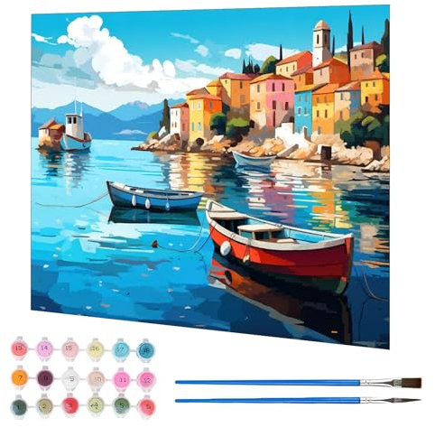 Jawecci Seaside City Scenery Painting by Numbers 40x50cm Kits for Adults, Floating Boat Paint Kits for Beginners on Canvas, Easy DIY Oil Painting with Paint Brushes Drawing Paintwork