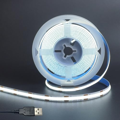 Clearhill 5V USB COB LED Strip Lights,Cool White 6500K,8mm Width 320LEDs/m,8W/m,CRI90,9.84FT/3M,Electroplated Double-Sided Panel Light Strip,Waterproof IP20,Flexible Strip for Indoor Decoration