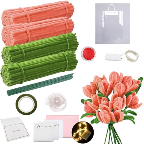 YOUYIKE Pfeifenreiniger Blumen Set mit LED Beleuchtung 15 Blumen Pipe Cleaners Klebeband Geschenktüten Verpackungspapier Schleife, Basteln & DIY Chenilledraht Pfeifenputzer Kreativ Set