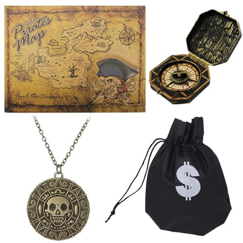 Guyode 4 Stück Pirate Accessories, Totenkopf Kette + Kompass + Goldbeutel + Karte, Piratenkostüm Herren, Jack Sparrow, Halskette mit Aztekenkopf-Münze Medaillon für Karneval, Fasching, Halloween