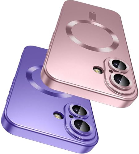 Cover Magnetica per iPhone 16 6,1 Pollici - Compatibile con MagnSafe - Protettore Integrato per Lenti della Fotocamera - Custodia Sottile in silicone morbido con Lustro Metallico - Rosa + Viola