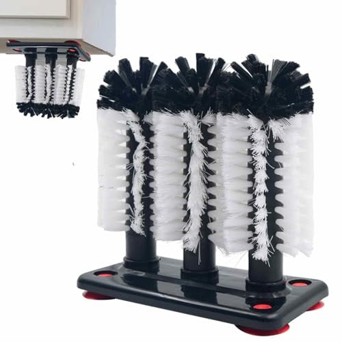 Pinceau de lavage plat court - Nettoyeur de bouteilles à triple tête - Poils durables pour verres, tasses à bière, verre à vin rouge, pied long - Poulet à ventouse automatique compatible - Lavabo
