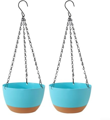 Eawfgtuw Macetas colgantes de riego automático con sistema de drenaje, macetas para interiores y exteriores con cadena de metal para decoración de jardín, ventana, balcón, paquete de 2 (azul)