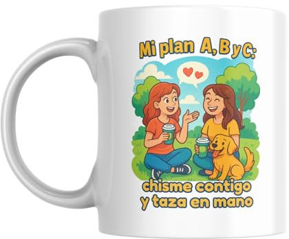 Taza “Mi plan A, B y C: chisme -contigo- y taza en mano” – Regalo divertido para amigas con café – Taza cerámica 330ml – Apta microondas y lavavajillas