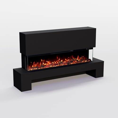 GF Core Elektrokamin Cobalt Holzfach mit realistischem 3D LED-Feuer - Stand-Elektrokamin mit Heizung und Kaminfeuer, App Steuerung, Knistereffekt & Timer, max. 1800 W, 137x75x29 cm, Schwarz