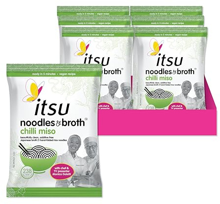 itsu chilli miso noodles & broth pouch 85g | Instant Noodles Snack Multipack | Quick-to-Make Snack | Vegan | Pack of 6