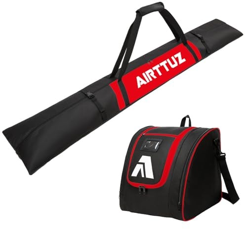 AIRTTUZ Skitasche und Schuhtasche, wasserabweisend, für Skier bis 200 cm und Stiefel, Größe 47, mit 5 mm Schaumstoff-Skiausrüstungstasche (schwarz/rot)