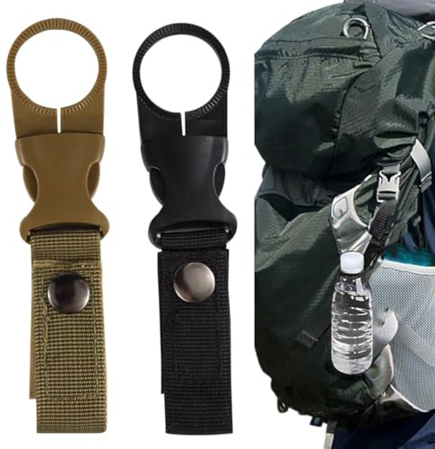 WeddHuis 2 Stück Flaschenhalter Set, Nylon Gürtel Clips Tasche, Wasserflaschen Schnallen Halter, Outdoor Trinkflaschen Haken, Karabiner Water Bottle Holder (Schwarz、Khaki)
