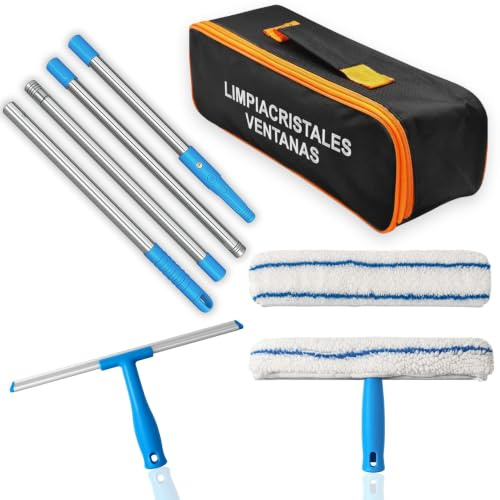 Limpiacristales Telescopico - Palo + Rasqueta + Paños + Bolsa | Palo Limpiacristales | 2 cabezales intercambiables | Microfibra | Extensible 165 cm | Ventanas Altas, Mamparas y Coche