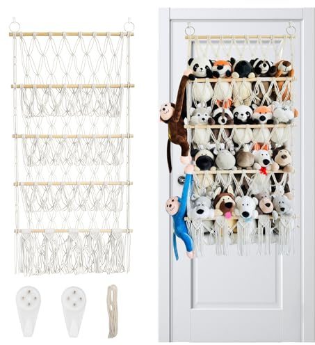 FANGCCC 4-Layer Stuffed Animal Storage, Large Capacity 41x20in Toy Hammock Storage Net, Cotton Rope Hanging Plush Toy Organizer, Bohemian Nursery & Kids Room Decor