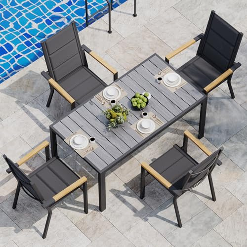 JUMMICO Gartenmöbel Set Terrassen Set Aluminium Gestell mit Holzoptik PS Tischplatte Komfortabler Hochlehner Einfach Montiert,4 Personen Set