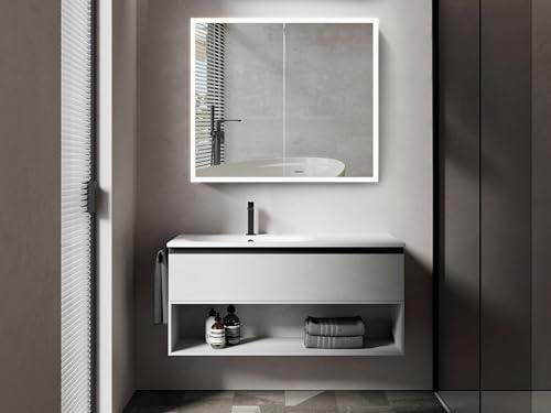 Talos LED Spiegelschrank Silver Magnus 80x70x13 cm Bad Design Spiegelschrank mit umlaufender LED-Beleuchtung,neutralweißer Lichtfarbe Aluminium silber matt, doppelseitig verspiegelt, 2 Glasböden, IP44