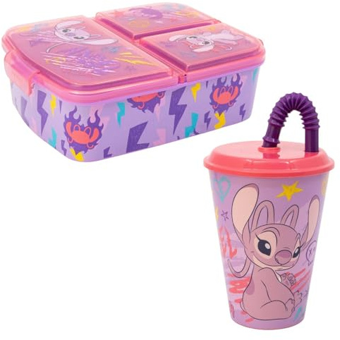 2-teiliges Disney Lilo & Stitch Lunch Set für Kinder – Brotdose mit 3 Fächern & Trinkbecher (390 ml) mit Strohhalm – Angel Design – ideal für Schule, Kindergarten & Ausflüge