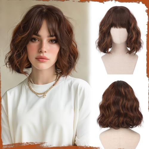Sofeiyan Perücke Damen,30 cm Kurze Gewellte Bob Perücke mit Pony | Perücke Bob,Synthetische Perücke für Frauen Natürliche Lockige Perücken für Cosplay Alltag Party Halloween,6H30#