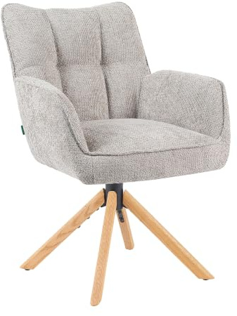 Esszimmerstuhl Mika‑Ida – Drehbarer Polsterstuhl mit Rückstellfunktion & Taschenfederkern, modernes Polster-Design, Stoff Hellgrau, Eiche Massivholzgestell geölt (Natur), bis 150 kg, 1er Set