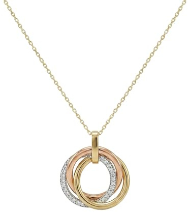 Suzan Gold® 375 Echtgold Halskette Damen mit drei verschlungenen Ringen in Gelb Rosé und Weißgold Optik mit Zirkonia elegant wasserfest Geschenkidee – Trinitya Loop – edler Goldschmuck