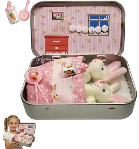 Mini Bunny Little Pocket Easter Stuffer Easter Gifts Osterhase Plüschtier, Kleine Geschenke, Sammlerstück, Hasen Kuscheltiere Set in Metallbox Mini Plüschspielzeug für Kinder Ostergeschenk (Rosa)