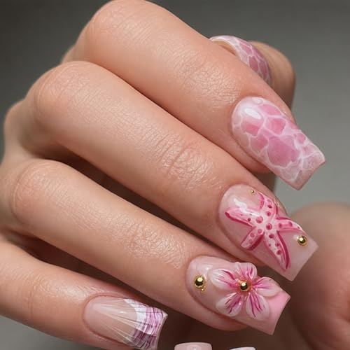 Tastetreasure 24Pcs Ocean Theme Medium Square Press on Nails, Pink 3D Flower Jellyfish Fake Nails with Jelly Glue Kit, Cute Acrylic Stick on Nails for Women Manicure