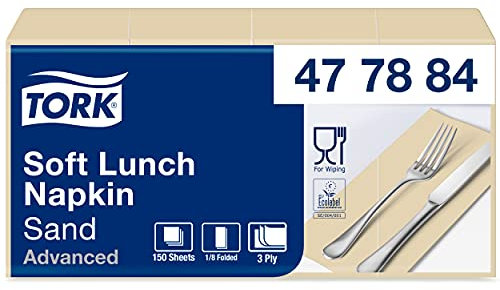 Tork 477884 Soft Lunchservietten Sand 1/8-Falz / 3-lagige, vorgefaltete Servietten für kleine Gerichte oder Snacks / Advanced Qualität / 10 x 150 (1500) Papierservietten / 32,6 x 33 cm (B x L)