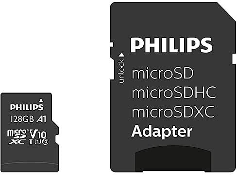 Philips Ultra Speed microSDXC Card 128 GB + SD Adapter UHS-I U1, Lesegeschwindigkeit bis zu 80 MB/s, A1 Fast App Performance, V10, Speicherkarte für Smartphones, Tablet, PC, Card Reader, Full HD Video
