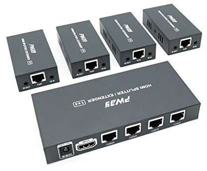 PW-HTS0104IR(POC) Extendeur répartiteur HDMI Port 1X4 sur câble Ethernet Cat5e/Cat6 avec télécommande IR Pas de délai jusqu'à 60 m (196 pieds) et résolution jusqu'à 1080P à 60 Hz (1 entrée 4 sorties)