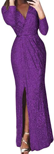 ORANDESIGNE Femme Maxi Robe de Cocktail Mariage Soirée Elégant Manches Longues Col V Brillante Mode Sexy Robe Longue Dress A Violet 44