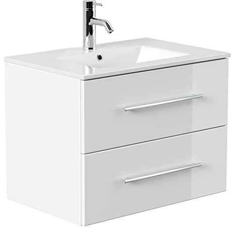 emotion | Waschbecken mit Unterschrank in Weiß Hochglanz | Made in Germany | B70 x H54 x T46 cm | Waschtischunterschrank mit Zwei Schubladen | Keramik-Badmöbel für designvolle Badezimmer