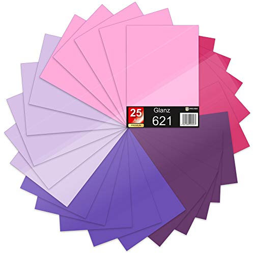 25 x Din A4 Bögen Plotterfolie 621/631 Selbstklebende Folie im Set Vinyl zum Plotten DIY Bastelfolie Sticker Beschriftung Aufkleber 29,7x21cm (Lilatöne glanz, 25er Set)