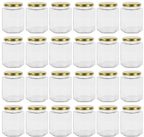 Yishik 9oz 24 Pack Jam Jar with Gold Lids, 270ml Hexagonal Glass Jars Canning Storage Jars for Baby Food,Nuts,Spices or Handmade desserts