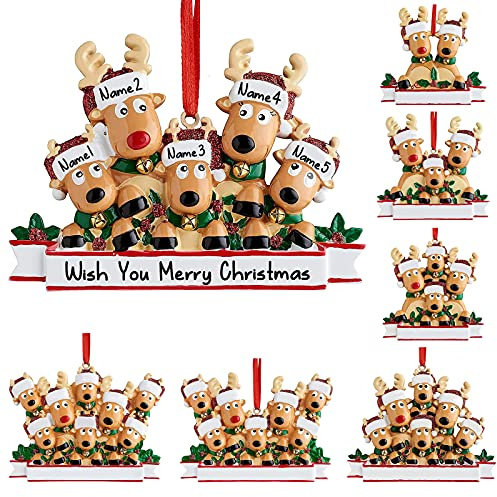 Personalised Deer Christmas Ornaments 2021 Family of 2,3,4,5,6,7,8 Custom Name Reindeer Xmas Ornament with Text,Customised Christmas Decoration Gifts