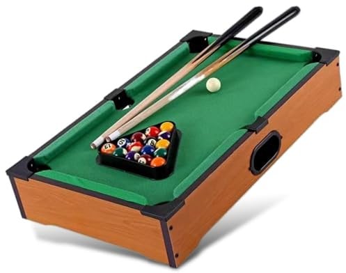 FISHTEC Mini-Amerikanischer Billardtisch, mobiler Mini-Billardtisch, grüner Filzüberzug, 2 Queues, 16 Kugeln, Dreieck und Kreide, helle Holzfarbe, Erwachsene, 51 x 34 x 9,5 cm