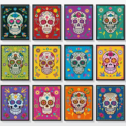 12 Zuckerschädel Dekor Kunstdrucke Tag der Toten Zuckerschädel Plakat Dia De Muertos Schädel Wandkunst Plakat Mexikanisch Thema Schädel Wand Poster für Halloween Fest Party Heim Wand Dekor