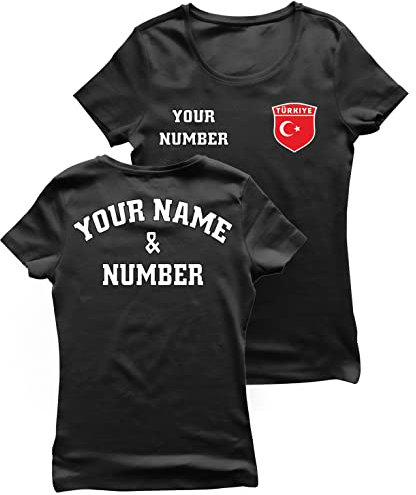 lepni.me Personalisiertes Fußball-Türkei-T-Shirt für Damen| Ihr Name und Ihre Nummer | Türkische Flagge, Abzeichen | Fußball-Europameisterschaft (L Schwarz Mehrfarben)