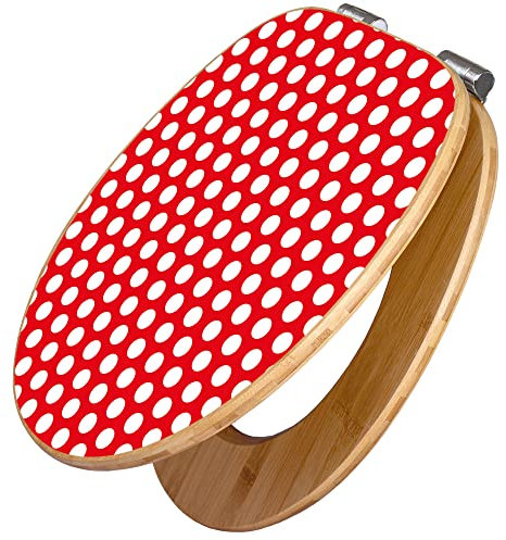 banjado Design WC Sitz Bambus Absenkautomatik 45,8x37,5cm / Toilettendeckel mit Absenkautomatik Holz/hochwertiger Bambus Klodeckel/WC-Sitz für gängigen Toiletten/Motiv Punkte Rot