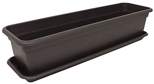 MePla - Balkonkasten Balcony 100 cm + Untersetzer - Braun - Blumenkübel - Pflanzentopf - Pflanzenkasten aus wetterfest UV-beständigem Kunststoff