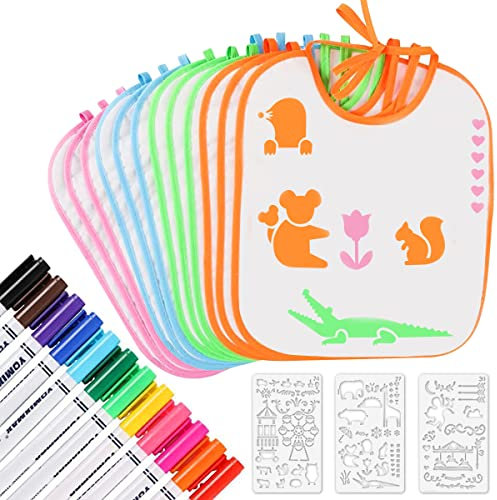 PiliStar Baby Lätzchen Zum Bemalen Set 12 Stück, Babyparty Lätzchen Bemalen Set, with 12 Textile Pens & 3 Colouring Stencils, Bib Painting for babyparty spiele