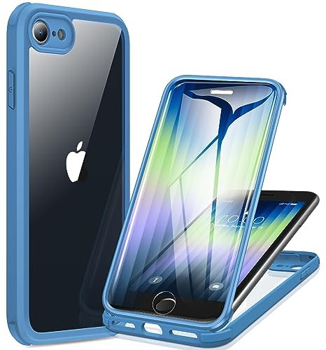 Miracase iPhone SE 2020 Case 2022/ iPhone 8 Case, Full-Body Glass Back with Built-in Glass Screen Protector, Rugged iPhone SE Phone Case 3rd Generation/ 2nd Gen, Clear Cover Bumper for SE, Capri Blue