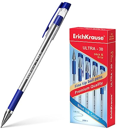 Erich Krause Kugelschreiber 0,26mm 12er Pack Blau - einfaches und weiches Schreiben - schlanke Form & transparent - Kulis & Schreibtischzubehör - mit Gummigriff - ULTRA-30